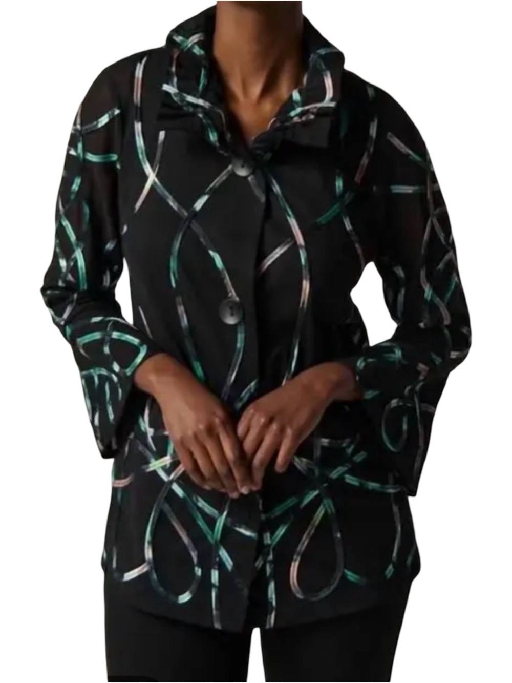 Joseph Ribkoff Satin Sheer Mesh Ribbon Applique Jacket.